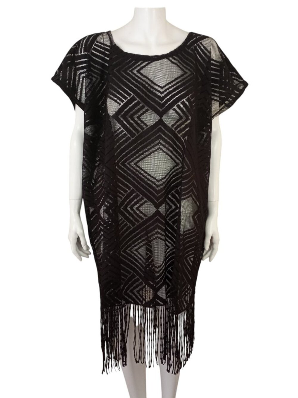 Kendall & James Black Sheer Net Lace Swim Coverup Diamond Design OS